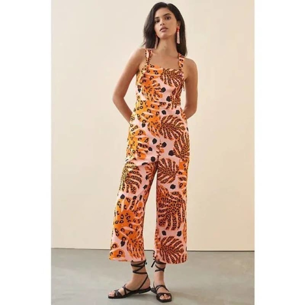 [FARM Rio] x Anthropologie Adventure Jumpsuit Pink Rose Tropical Print Sz Large